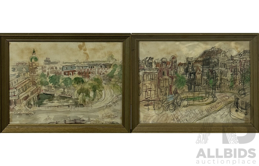 E. Blum Barber, (Dates Unknown), Amsterdam Streets, Pair of Vintage Studies of Amsterdam, Crayon and Pencil and Ink and Watercolour, 26 x 33 cm (frames) (2)