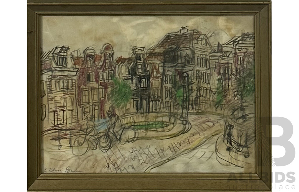 E. Blum Barber, (Dates Unknown), Amsterdam Streets, Pair of Vintage Studies of Amsterdam, Crayon and Pencil and Ink and Watercolour, 26 x 33 cm (frames) (2)