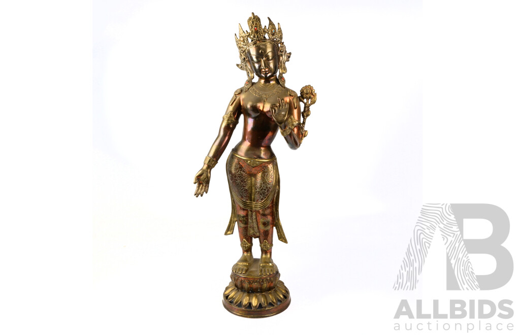 Large Cast Brass and Copper Statue of Tara on Lotus Form Base