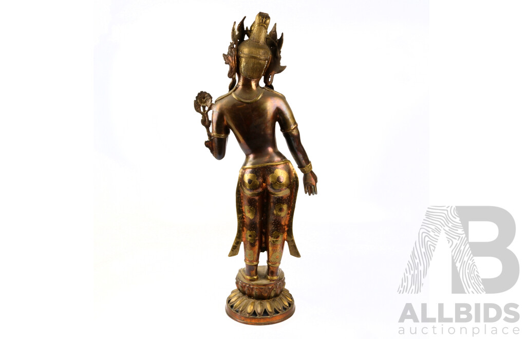 Large Cast Brass and Copper Statue of Tara on Lotus Form Base