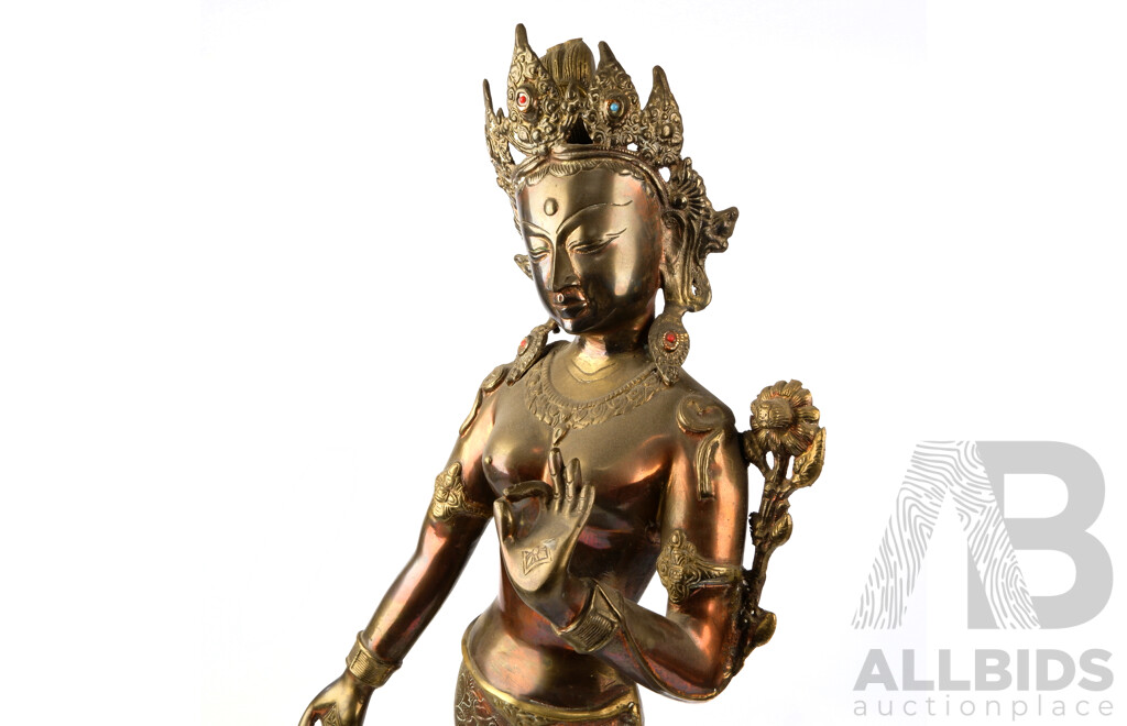 Large Cast Brass and Copper Statue of Tara on Lotus Form Base