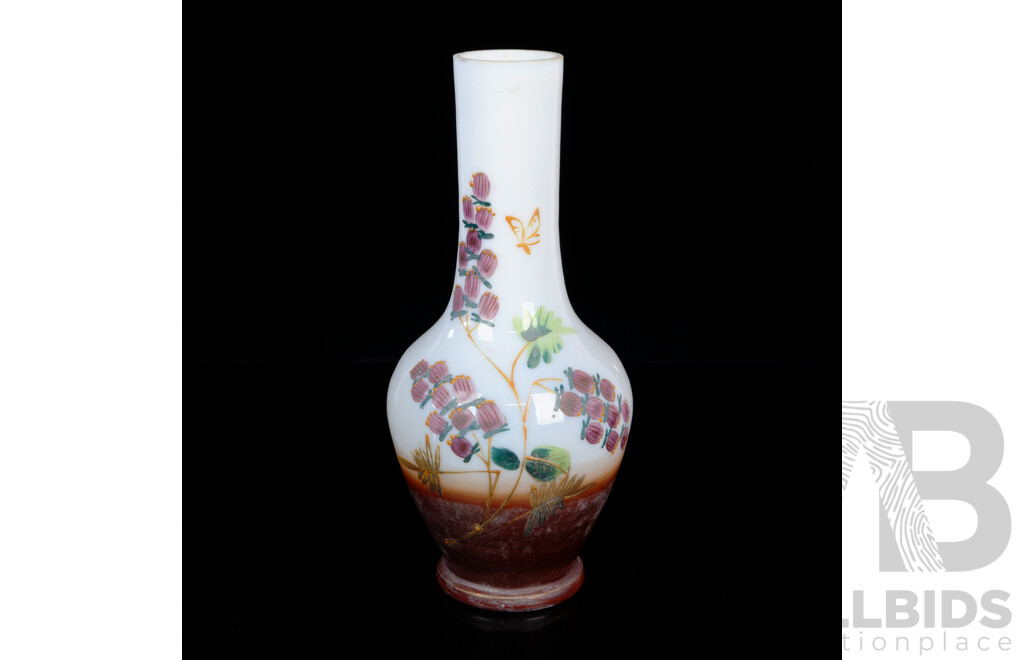 Victorian Milk Glass Funnel Neck Vase with Hand Painted Blossoms and Butterfly