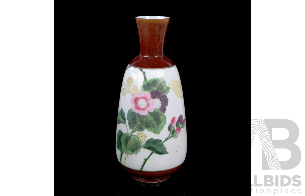 Antique Victorian Hand Painted Milk Glass Vase with Blossom Design and Brown Glaze infused with Gold Flecks