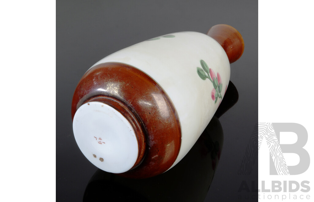 Antique Victorian Hand Painted Milk Glass Vase with Blossom Design and Brown Glaze infused with Gold Flecks