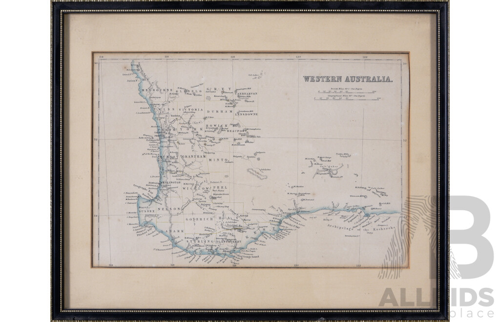 Vintage Map of Western Australia, 25 x 32 cm (frame)