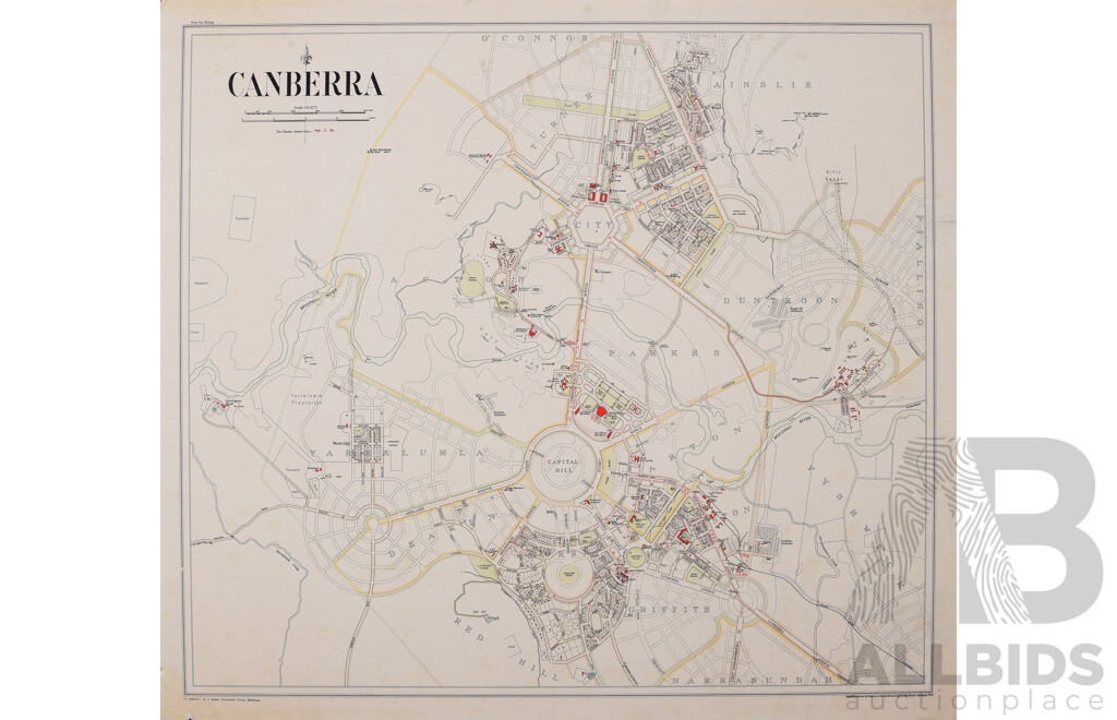 Vintage Canberra Memorabilia Comprising - L. Gordon Poyser MBE, Canberra City, Hobart Pl, Watercolour, and Dept of Interior, 1933 Interesting Canberra City Centre Map, 59 x 67 cm (map) (2)