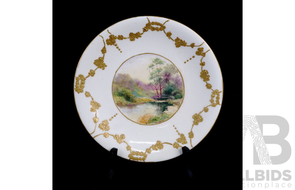 Antique Porcelain Cabinet Plate with Hand Painted Central Landscape with Gilt Floral Swag Border