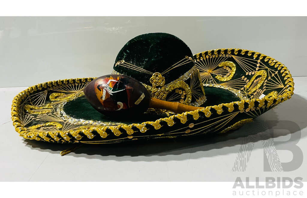 Vintage Green and Gold Sombrero and Single Maraca