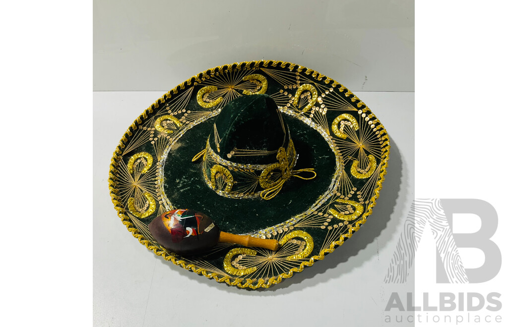 Vintage Green and Gold Sombrero and Single Maraca