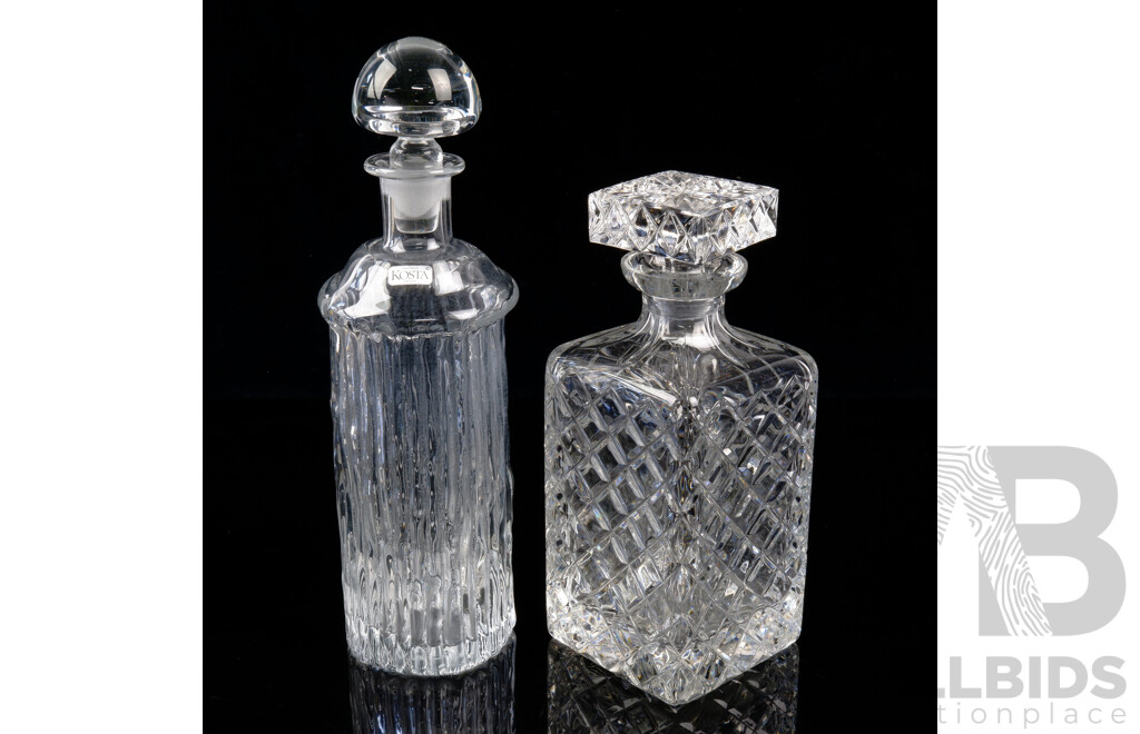 Vintage Hand Made Kosta Boda Textured Glass Decanter and Vintage Cut Crystal Decanter with Square Stopper