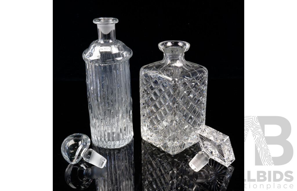 Vintage Hand Made Kosta Boda Textured Glass Decanter and Vintage Cut Crystal Decanter with Square Stopper