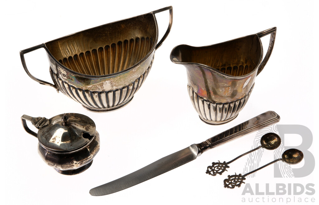 Collection Antique Sterling Silver Pieces Including Twin Handled Sugar Dish, Sheffield 1928, Cramer, Sheffield 1898, Lidded Salt Dish, Birmingham 1922