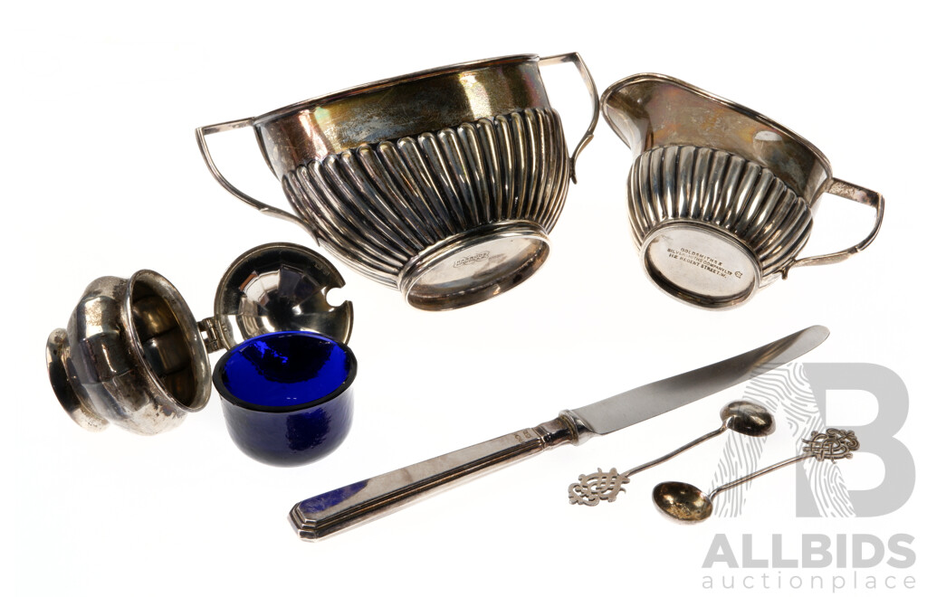 Collection Antique Sterling Silver Pieces Including Twin Handled Sugar Dish, Sheffield 1928, Cramer, Sheffield 1898, Lidded Salt Dish, Birmingham 1922