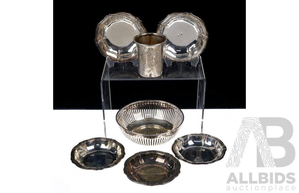 Collection .800 & .830 Silver Pieces Comprising Set Five .835 Silver Dishes, .800 Silver Bon Bon Dish with Pierced Sides & .800 Silver Cup with Engraved Detail to Front