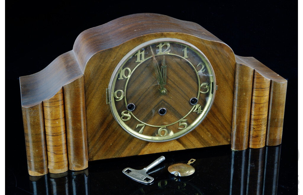 Art Deco Wooden Mantle Clock, Mechanism Made in Germany