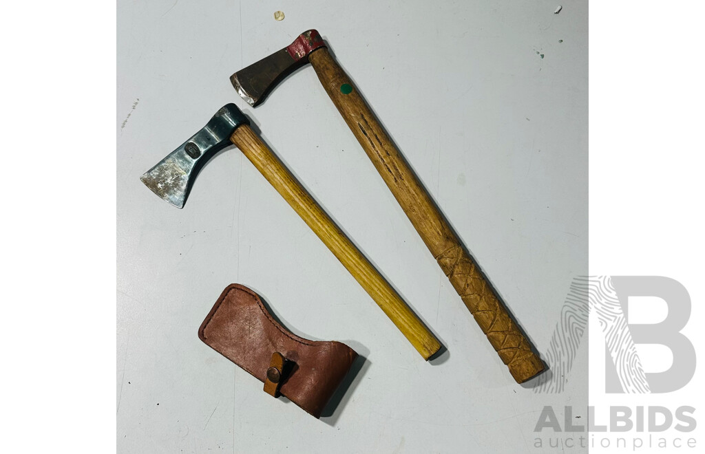 Two Vintage Throwing Tomahawks, One with Leather Holster