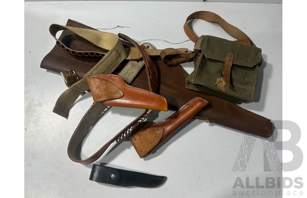 Collection Hunting Items Including Two Leather Pistol Holsters, Leather Rifle Bag, G96 Hunting Knife in Leather Sheath and More