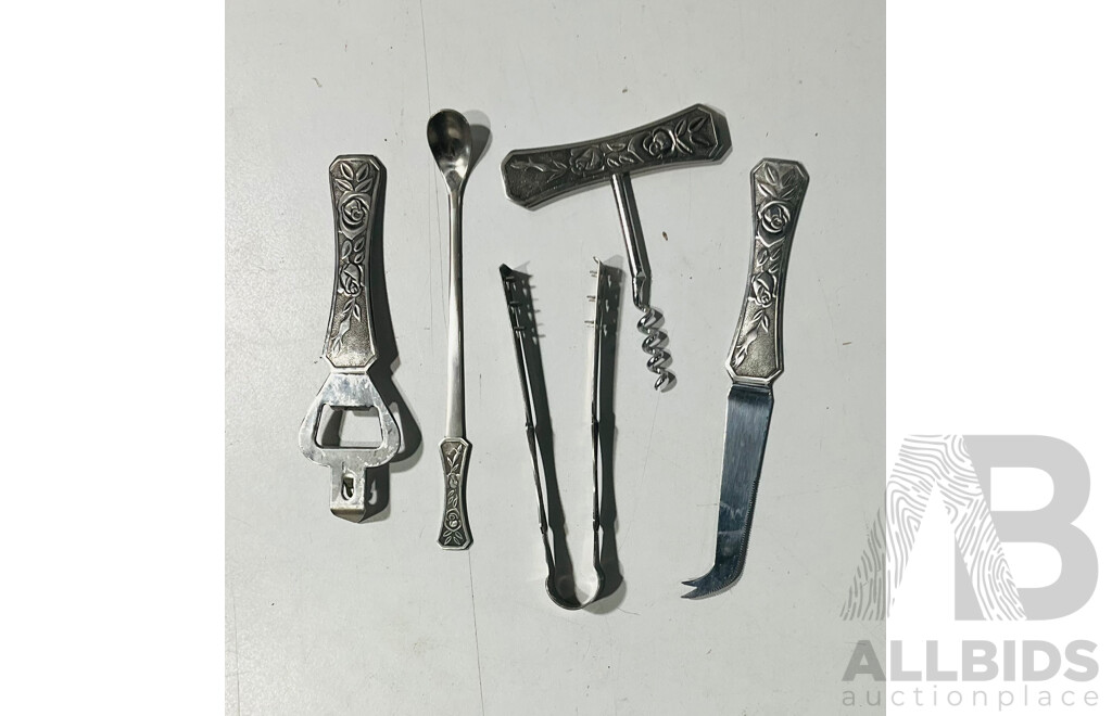 Vintage Stainless Steel Charcuterie Set Including Bottle Opener, Cheese Knife and More