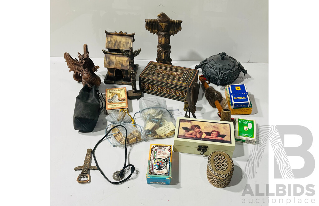 Collection of Wooden and Other Souvenirware Including Carved Dragon, Tarot Cards and More