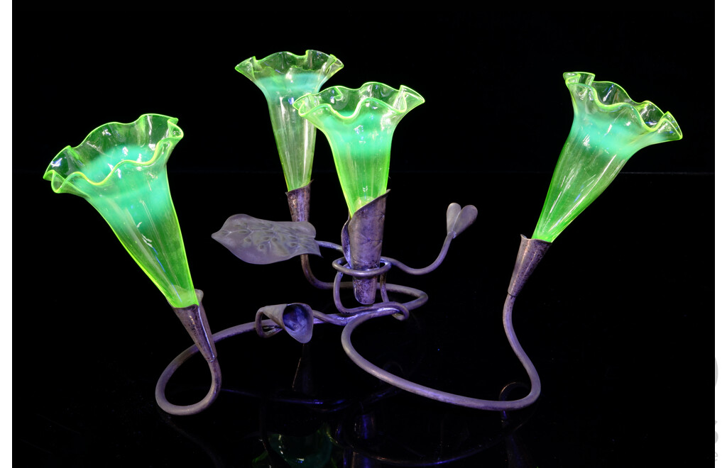 Victorian Brass Scroll Epergne with Four Fluted Uranium Glass Shades with Scalloped Edges