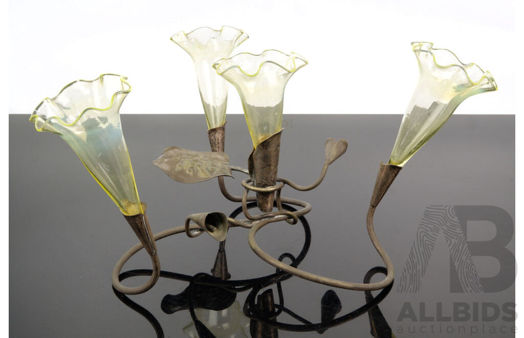 Victorian Brass Scroll Epergne with Four Fluted Uranium Glass Shades with Scalloped Edges