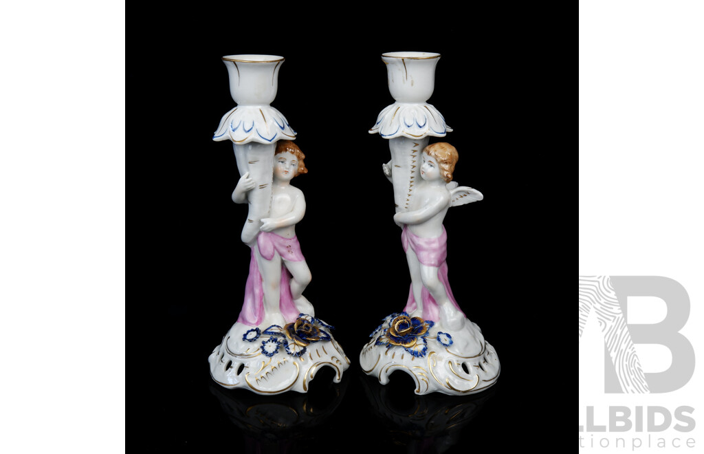 Pair of Echt Kobalt Hand Painted German Porcelain Cupid Figural Candlesticks