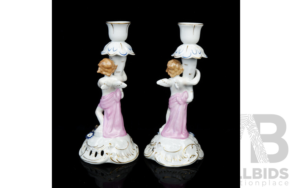 Pair of Echt Kobalt Hand Painted German Porcelain Cupid Figural Candlesticks