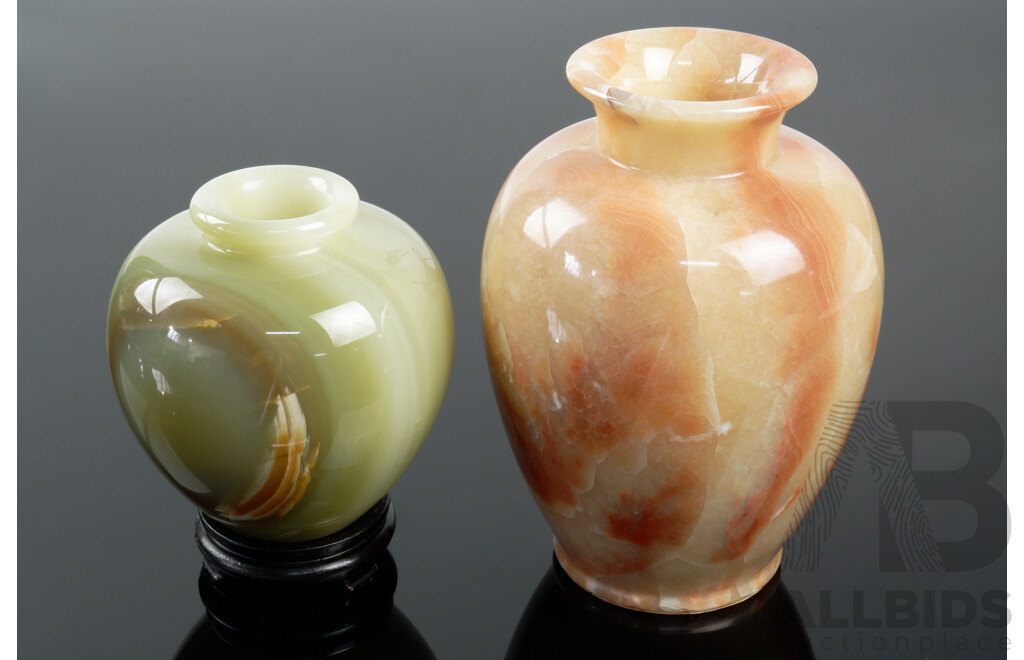 Green Alabaster Vase on a Fitted Stand and Another Polished Alabaster Vase