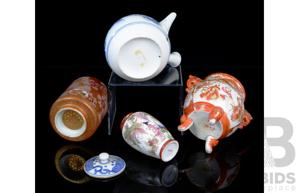 Group of Japanese Porcelain, Including Kutani and Blue and White Wine Pot