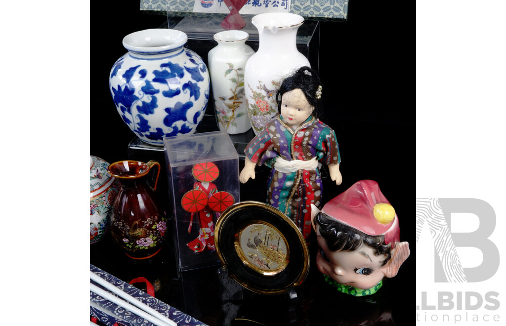 Collection Japanese Porcelain Including Vintage Lidded Elf Pot, Famille Rose Ginger Jar, Traditional Doll and More