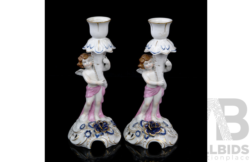 Vintage Pair of Echt Kobalt Hand Painted German Porcelain Cupid Figural Candlesticks