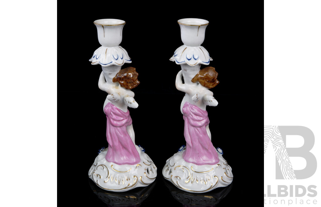 Vintage Pair of Echt Kobalt Hand Painted German Porcelain Cupid Figural Candlesticks