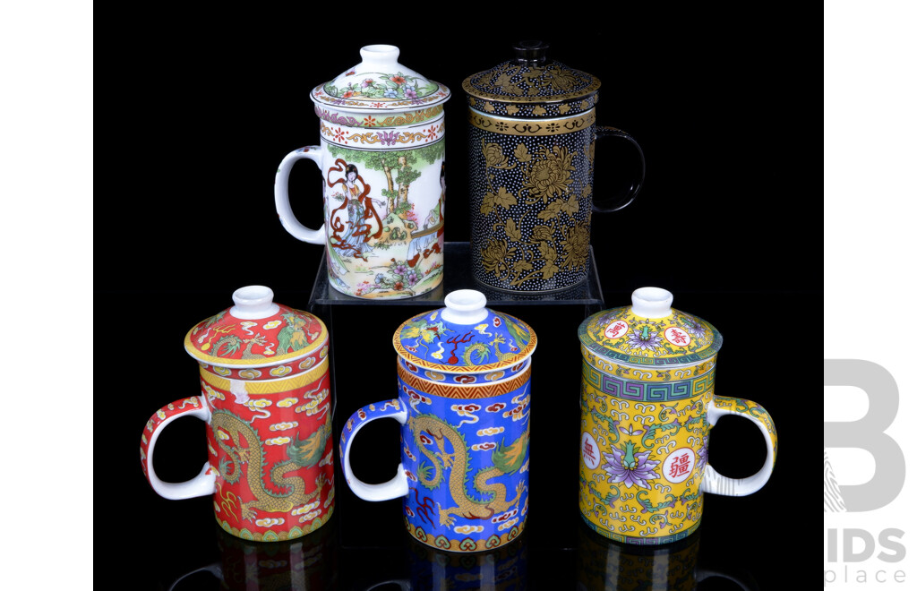 Collection Five Chinese Porcelain Lidded Tea Mugs with Inset Strainer