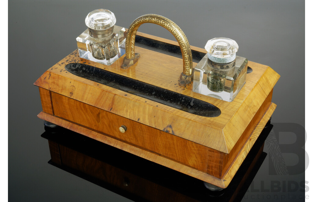 Large Vintage Walnut Desk Tidy with Two Crystal Ink Bottles