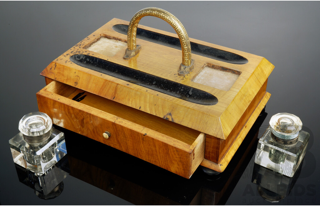 Large Vintage Walnut Desk Tidy with Two Crystal Ink Bottles