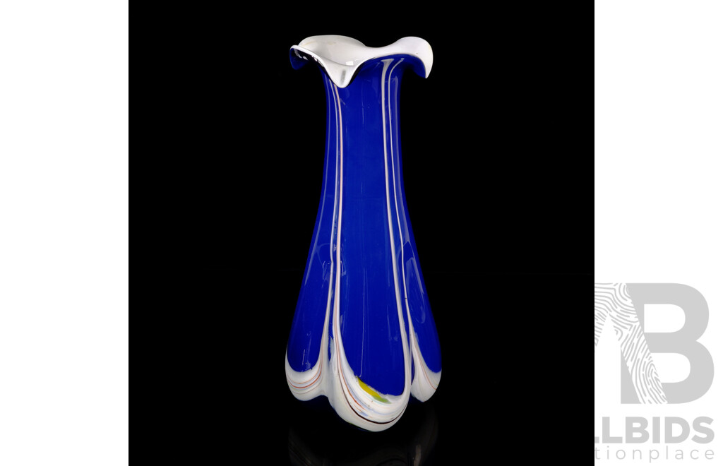 Cobalt Blue and Cased White Studio Art Glass Fluted Vase