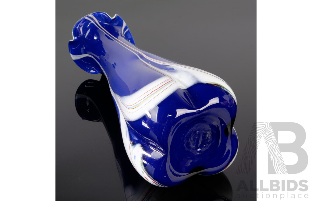 Cobalt Blue and Cased White Studio Art Glass Fluted Vase