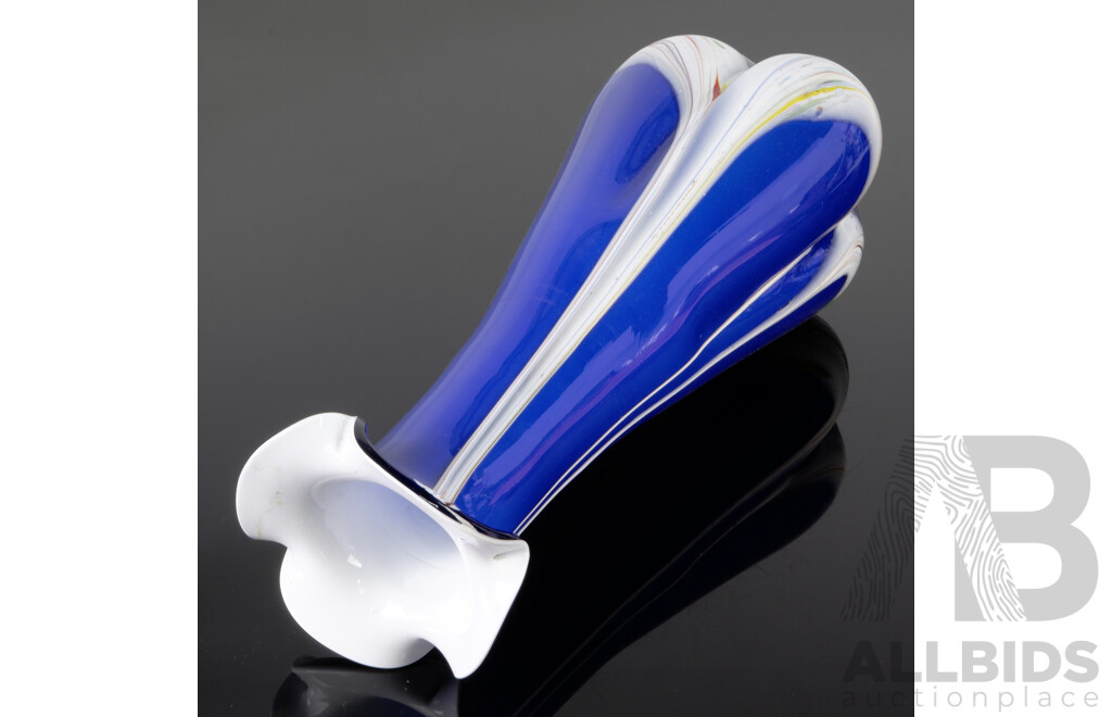 Cobalt Blue and Cased White Studio Art Glass Fluted Vase