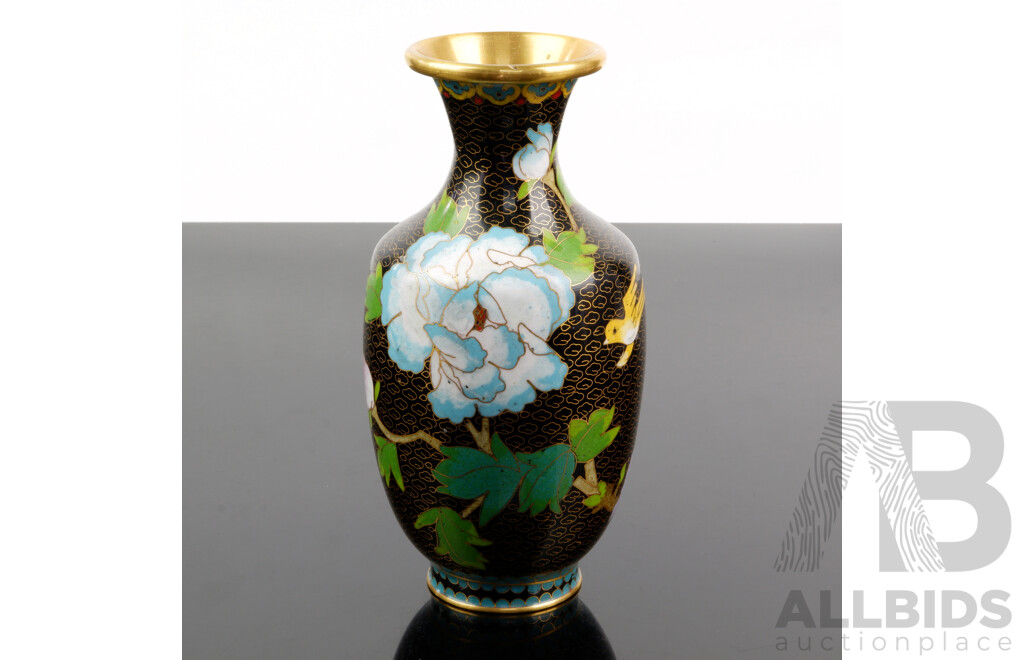 Vintage Chinese Black Cloisonne Vase with Floral Motif