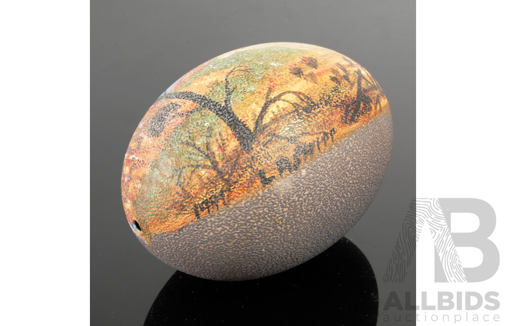 Hand Painted Emu Egg Depicting Australian Landscape -Dated 1991 and Signed Indistinctly Lower Left