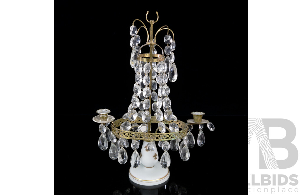 Vintage French Milk Glass and Brass Candelabra with Prism Drops