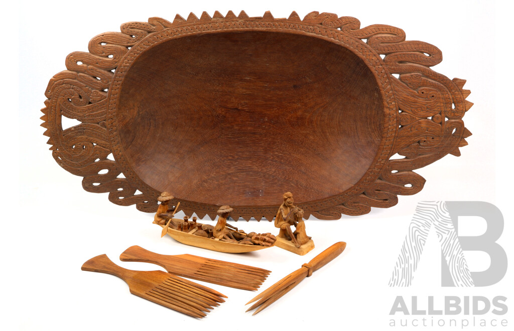 Vintage Trobriand Island Hand Carved Large Wooden Dish Along with Five Other Wooden Tribal Items