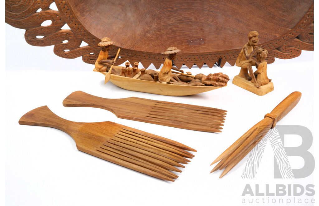 Vintage Trobriand Island Hand Carved Large Wooden Dish Along with Five Other Wooden Tribal Items