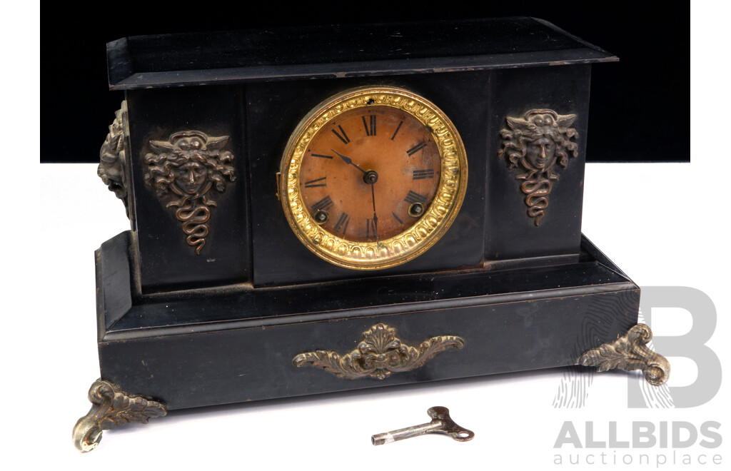 Antique American Anastasia Slate and Marble Mantle Clock with Classical Lion Head and Floral Swag Applique