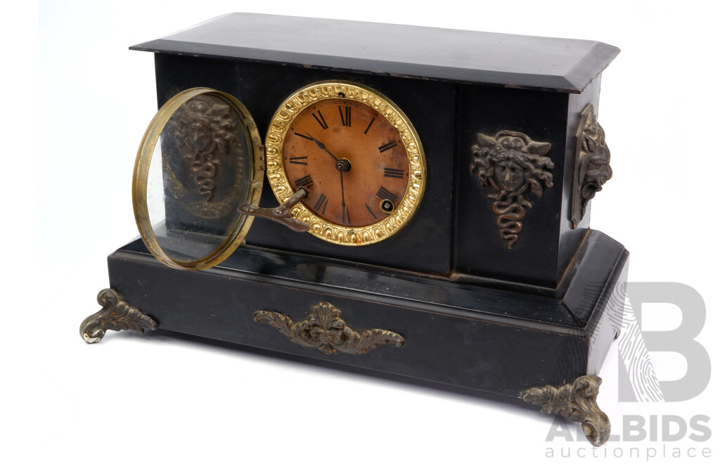 Antique American Anastasia Slate and Marble Mantle Clock with Classical Lion Head and Floral Swag Applique