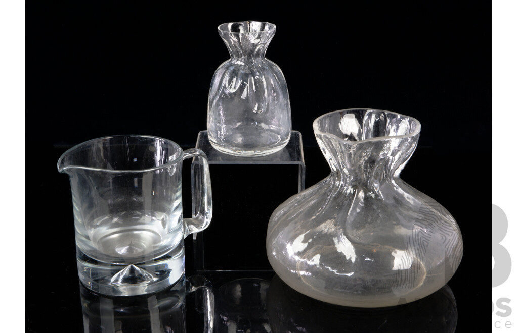 Two Swedish Sea Glasbruk Bag Form Vases in Different Sizes Along with Mid Century Pitcher