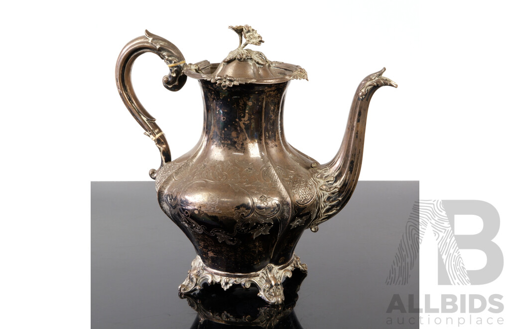 Antique Sterling Silver Lidded Teapot with Engraved Decoration & Floral Motif to Finial, London 1838