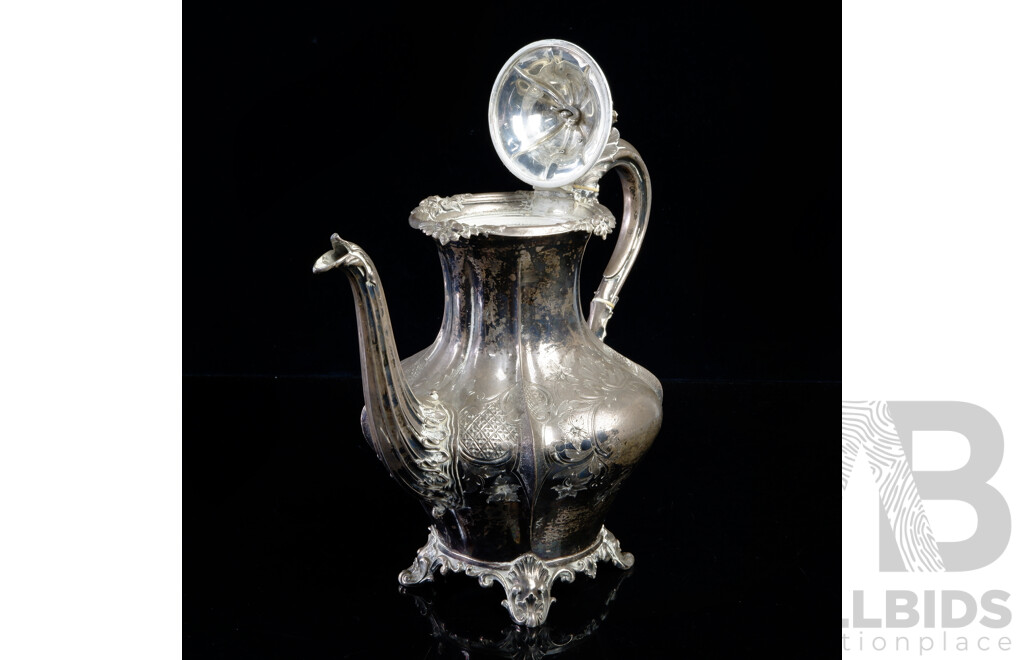 Antique Sterling Silver Lidded Teapot with Engraved Decoration & Floral Motif to Finial, London 1838