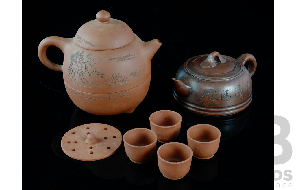 Two Vintage Chinese Yi Xing Teapots,  One Two Compartment Example with Four Teacups