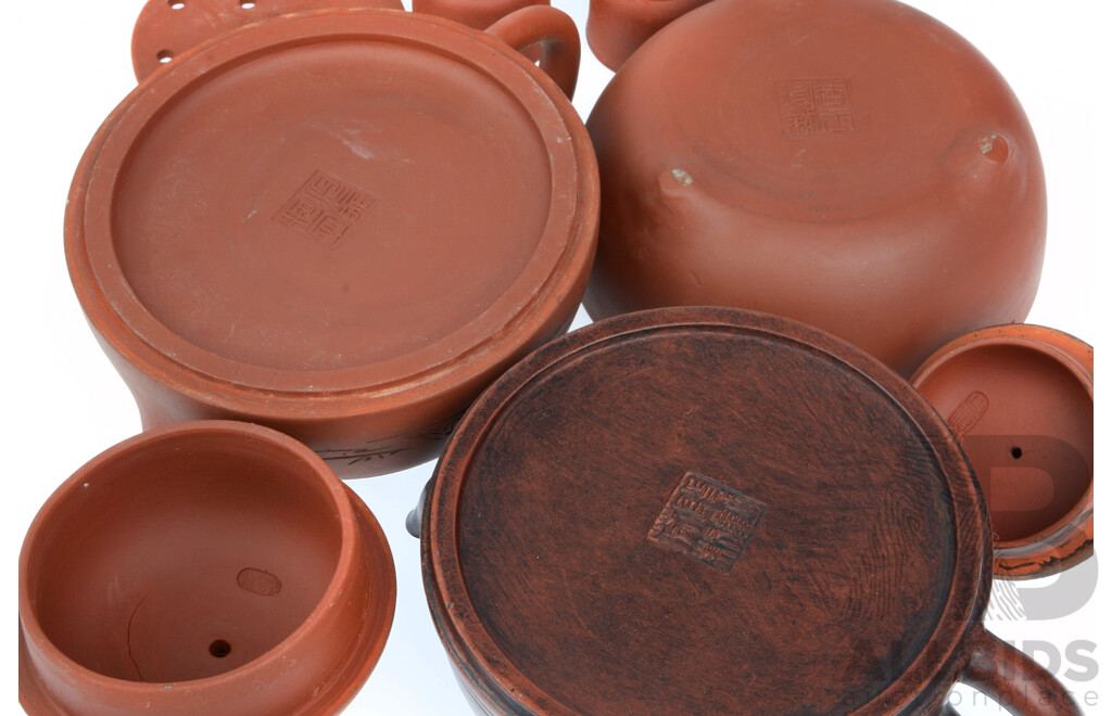 Two Vintage Chinese Yi Xing Teapots,  One Two Compartment Example with Four Teacups